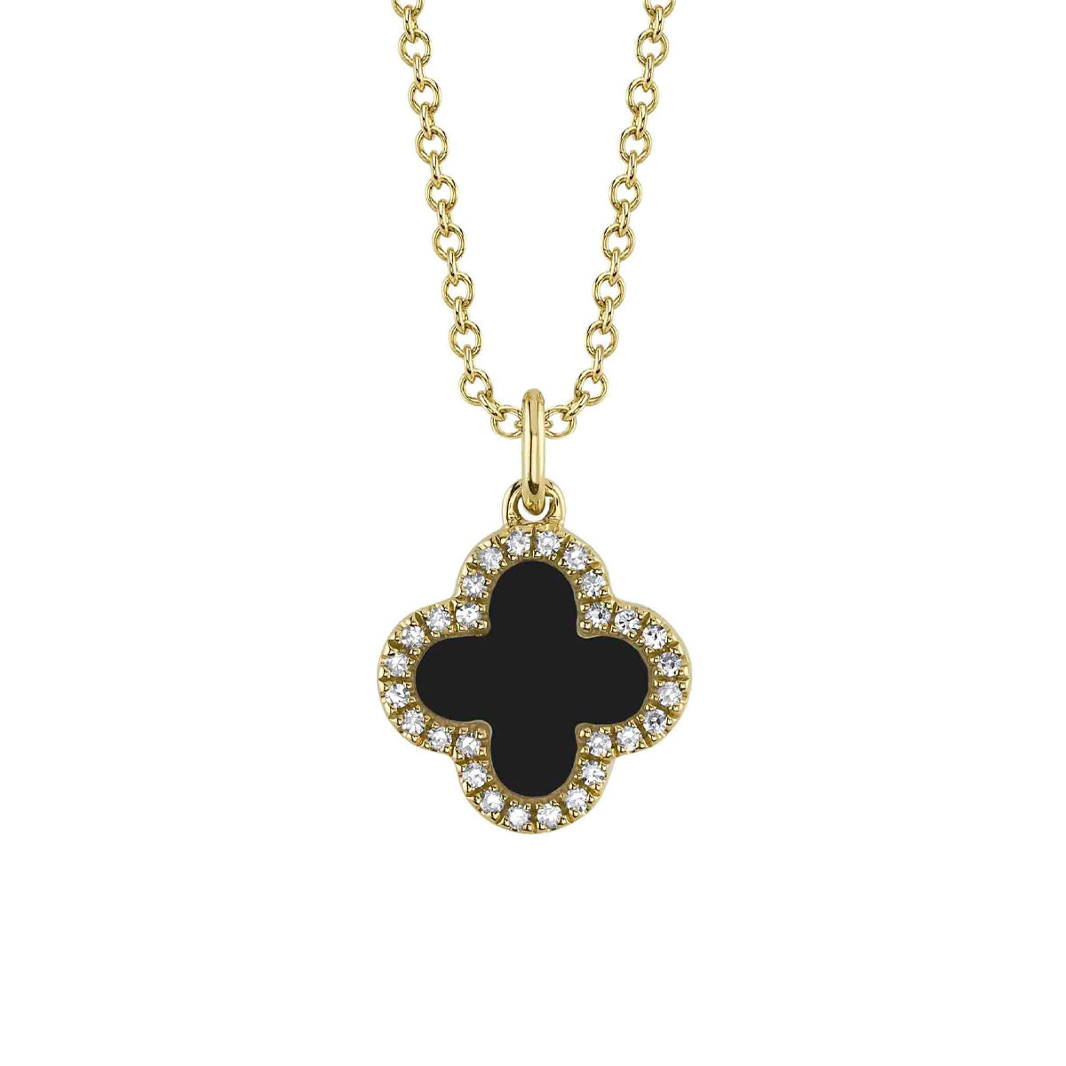 Shy Creation Kate Diamond Black Onyx And Mother Of Pearl Clover Necklace