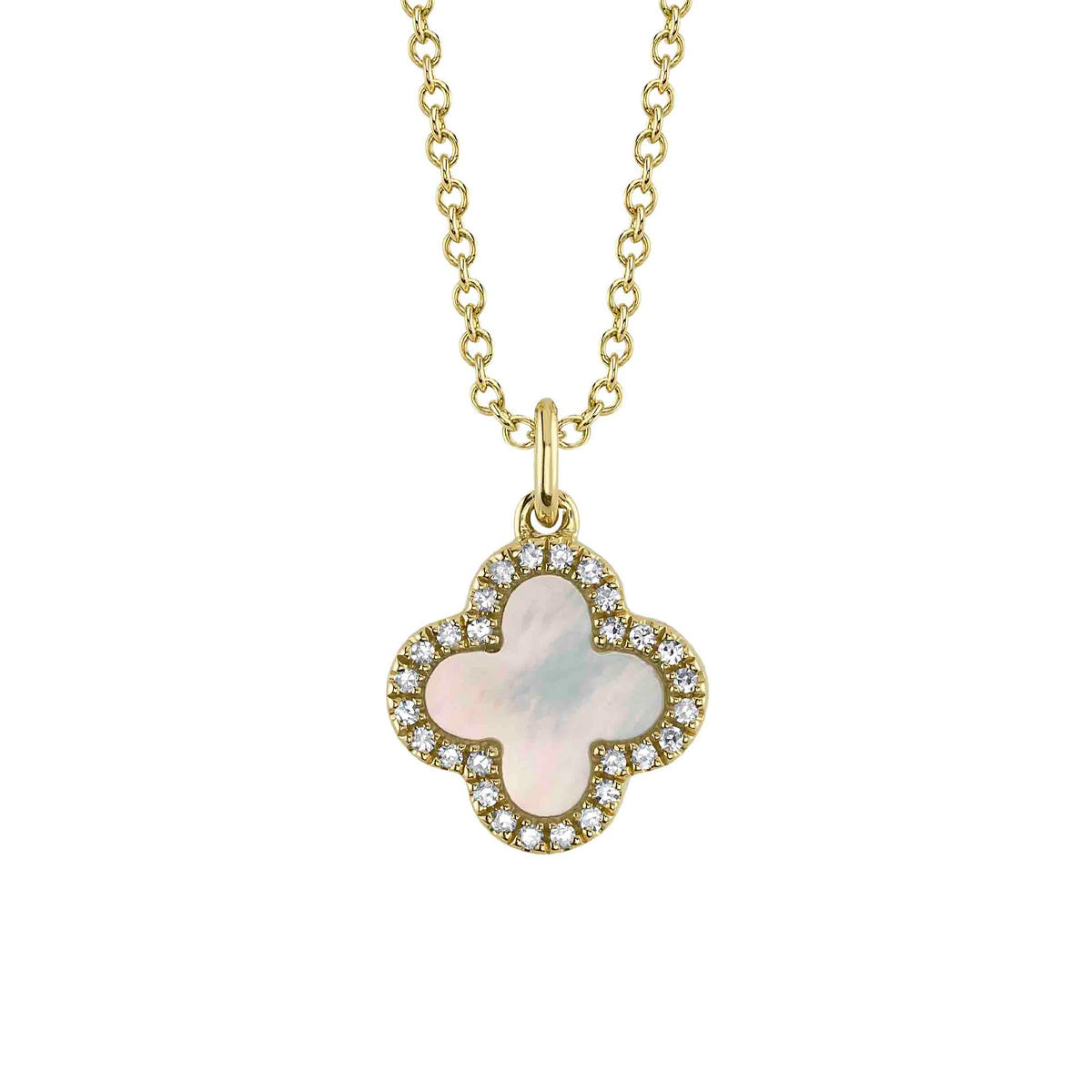 Shy Creation Kate Diamond Black Onyx And Mother Of Pearl Clover Necklace