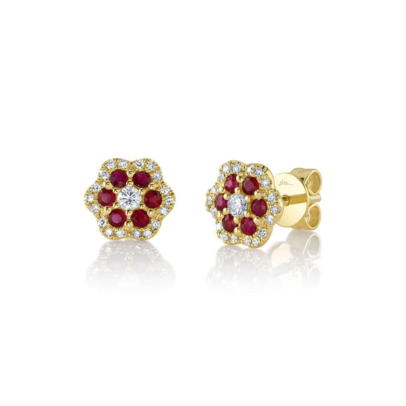 Shy Creation Diamond & Ruby Flower Stud Earring