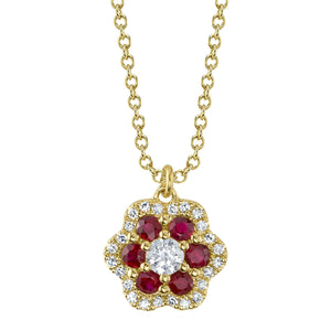 Shy Creation Diamond & Ruby Flower Necklace