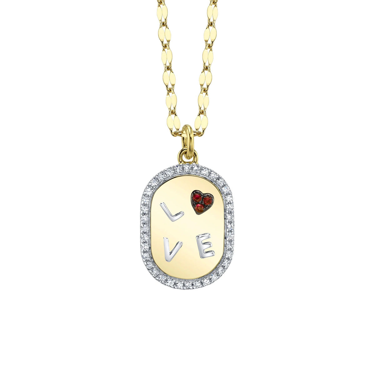 Shy Creation Kate Diamond And Ruby Heart "Love" Oval Sparkle Chain Necklace