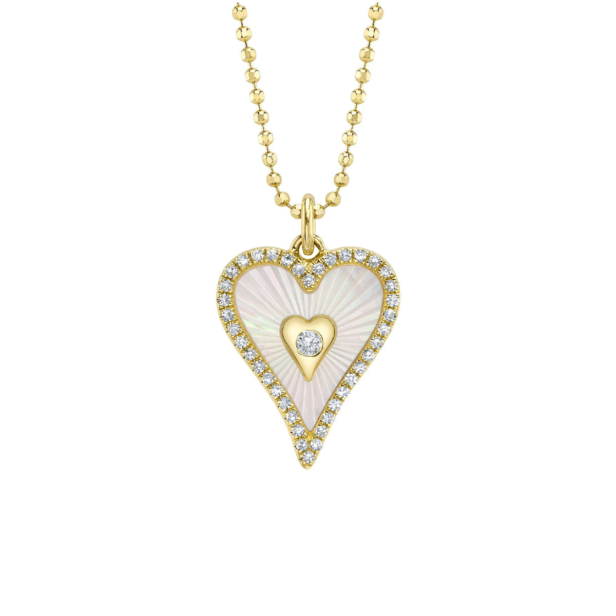 Shy Creation Kate Diamond Mother Of Pearl Bezel Ribbed Heart Faceted Ball Chain Necklace
