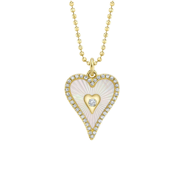 Shy Creation Kate Diamond Mother Of Pearl Bezel Ribbed Heart Faceted Ball Chain Necklace