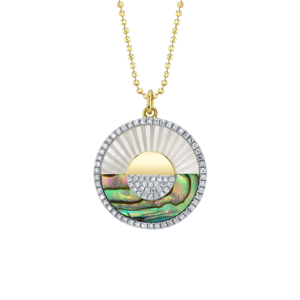 Shy Creation Kate Diamond Abalone Shell And Mother Of Pearl Pave Ribbed Circle Sunrise Sunset Necklace