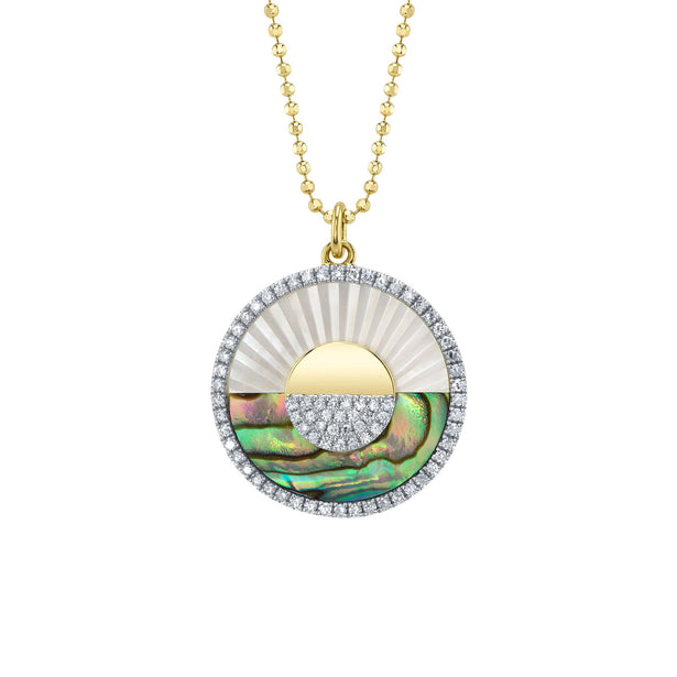 Shy Creation Kate Diamond Abalone Shell And Mother Of Pearl Pave Ribbed Circle Sunrise Sunset Necklace