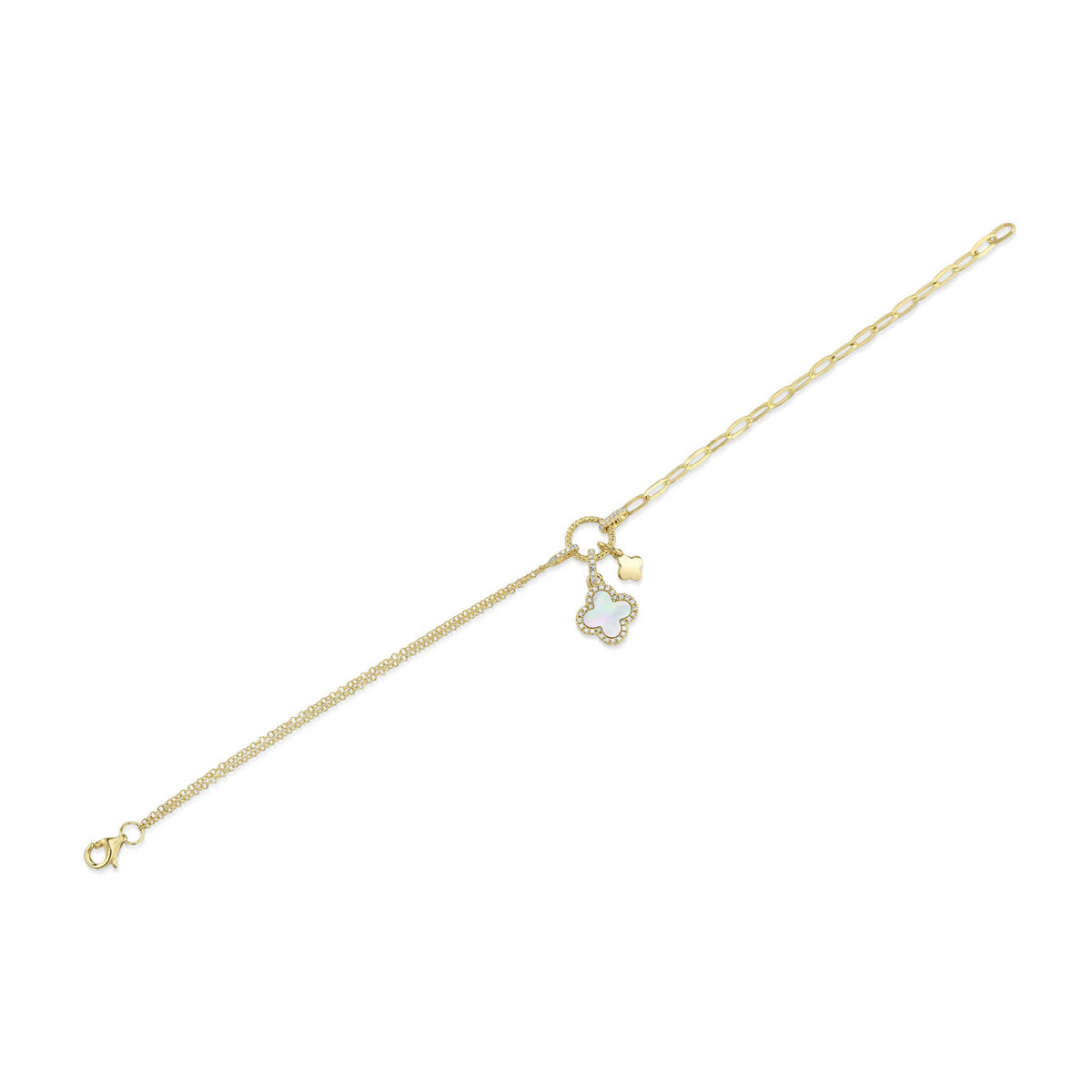 Shy Creation Kate Diamond Mother Of Pearl Clover Paper Clip Link Bracelet
