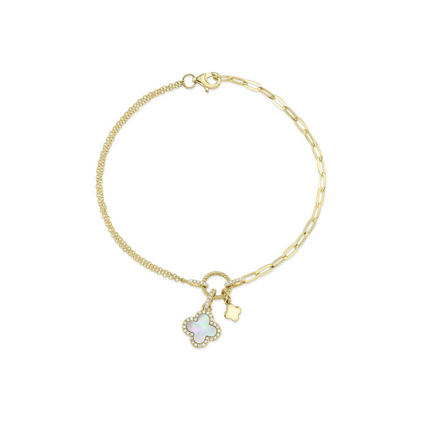 Shy Creation Kate Diamond Mother Of Pearl Clover Paper Clip Link Bracelet