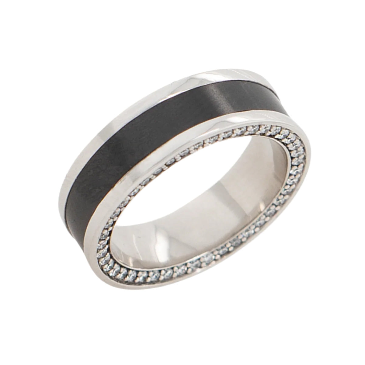 Elysium Black Diamond Zeus Platinum Band With Black Diamond Inlay And Diamond Insets