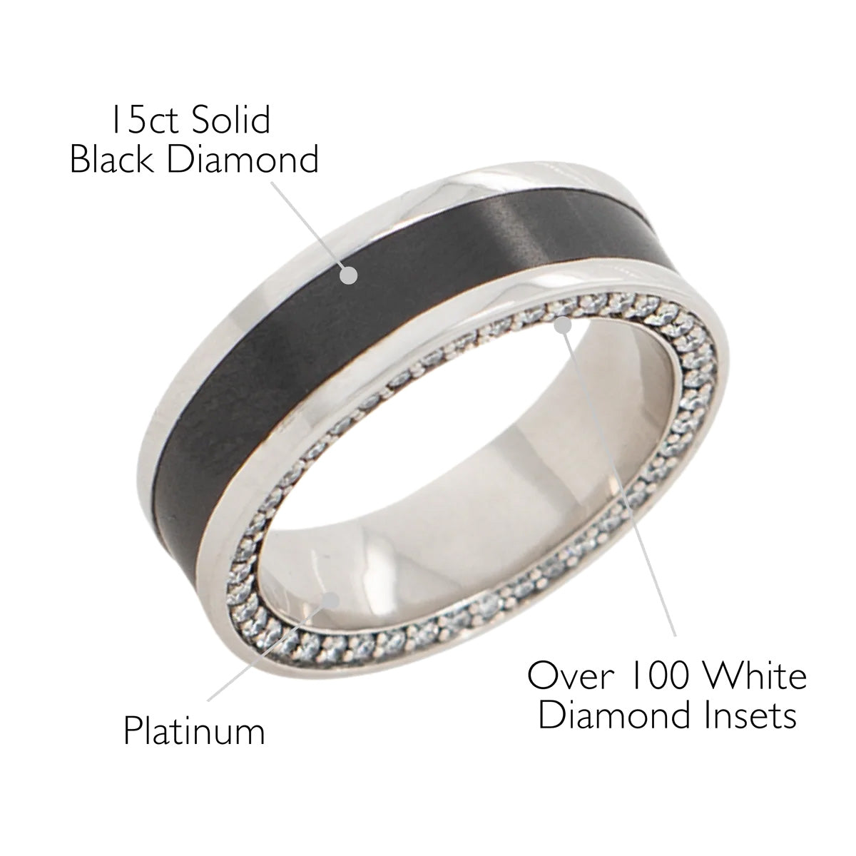 Elysium Black Diamond Zeus Platinum Band With Black Diamond Inlay And Diamond Insets