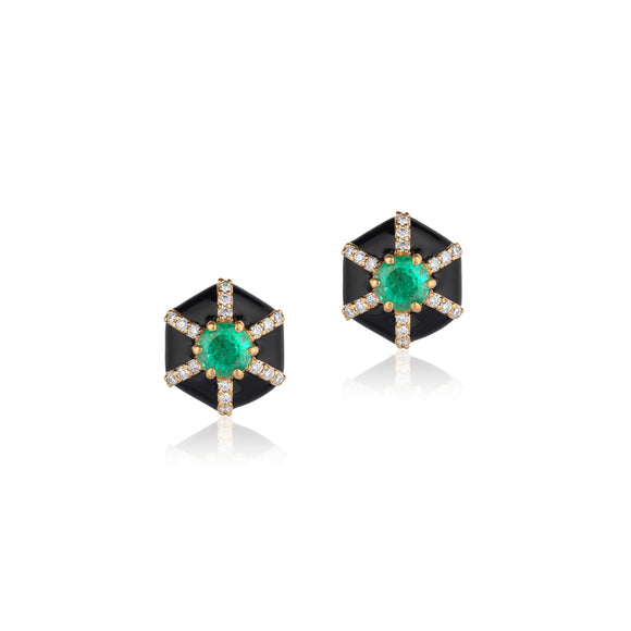 Goshwara Queen Hexagon Emerald & Black Enamel Stud Earrings JE0458-EM-ENBLK-Y